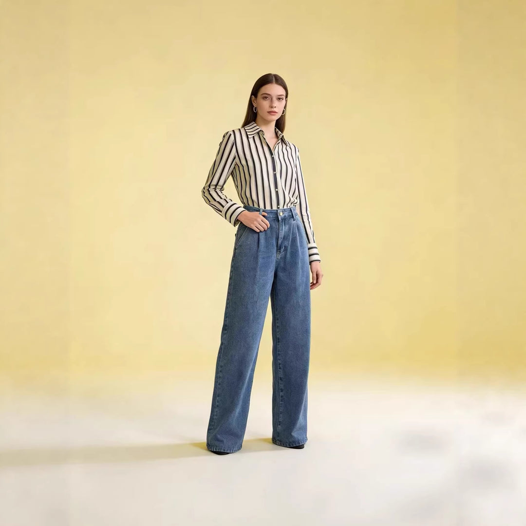 Damen nan hochgeschnittene Bundfalten-Weitbein-Jeans mit hohem Bund und Gürtelschlaufen Drune