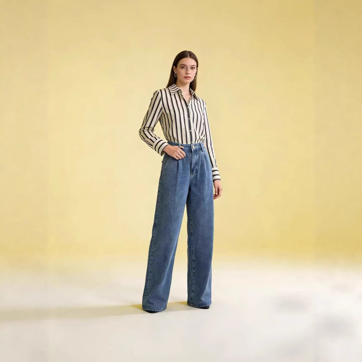 Damen nan hochgeschnittene Bundfalten-Weitbein-Jeans mit hohem Bund und Gürtelschlaufen Drune