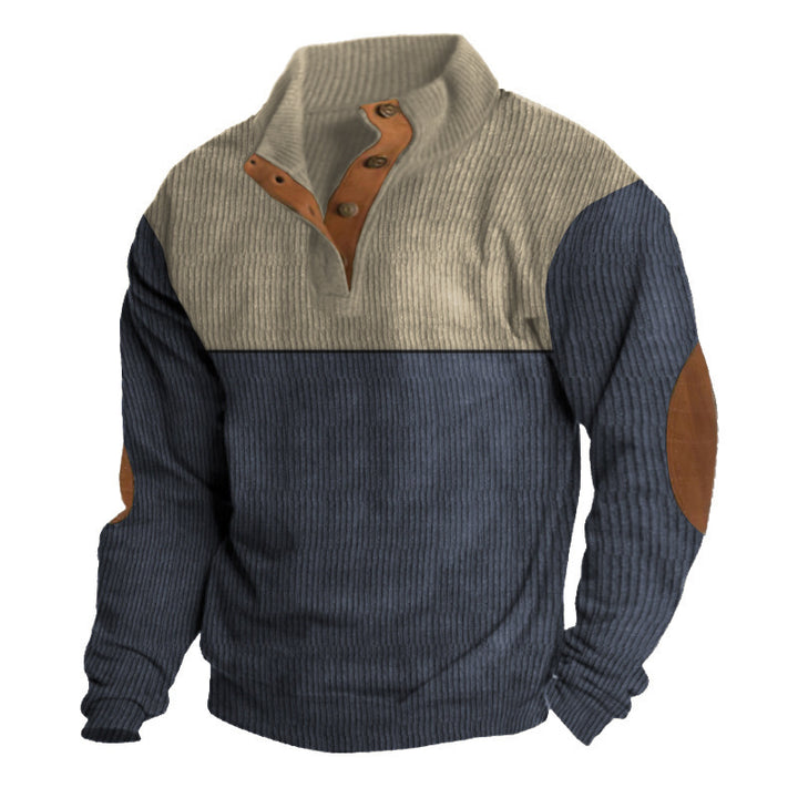 Herren nan gerippter Pullover mit Stehkragen, Knopfleiste und Ellbogen-Patches Drune