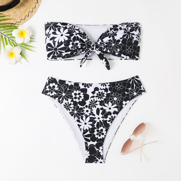 Damen Bandeau Bikini mit modischem Blumenmuster und verspieltem Knotendetail Drune