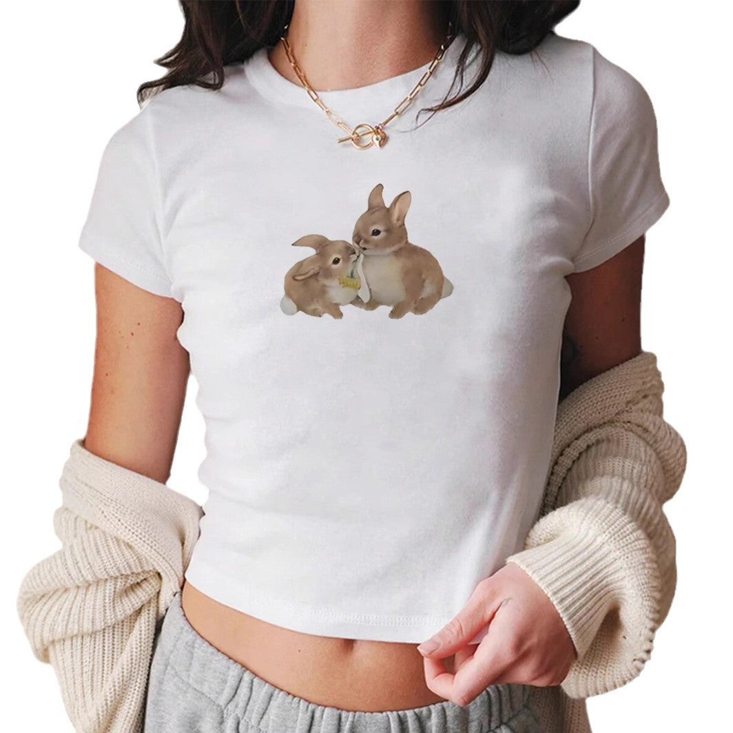 Damen Crop-T-Shirt mit niedlichem Kaninchenmotiv Drune