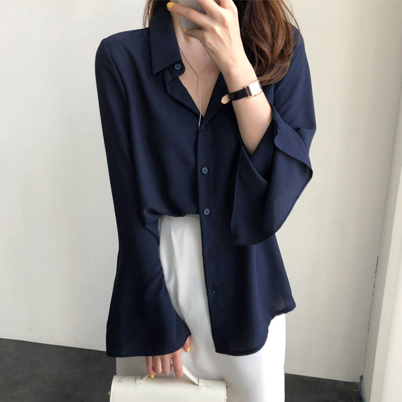 Damen Hemdbluse mit eleganten Trompetenärmeln und luxuriösem Schnitt Drune