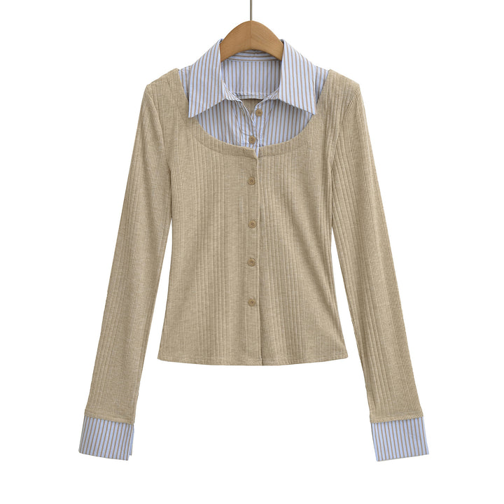 Damen Langarmshirt mit eleganter Knopfleiste und Streifenmustern Drune