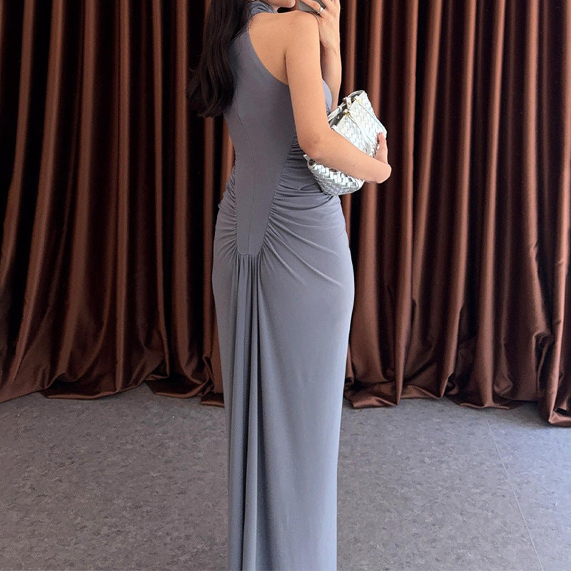 Damen Elegantes, figurbetontes Maxikleid mit hochgeschlossenem Ausschnitt und Knopfdetails Drune