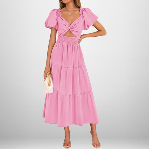 Damen Midi-Kleid mit floralem Twist und elastischem Taillengummi Drune