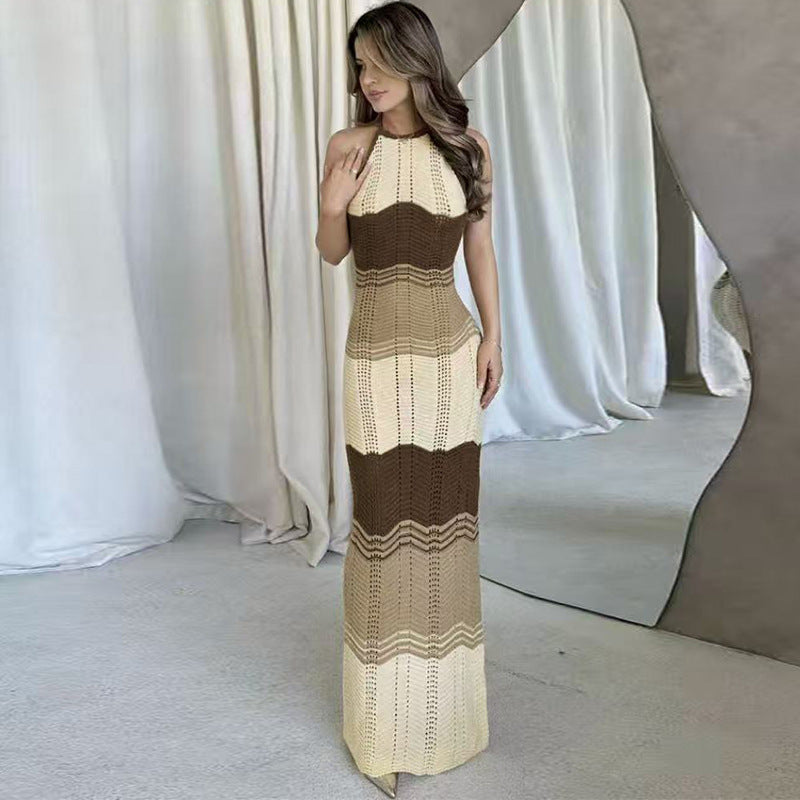 Damen Häkel-Maxikleid mit exklusivem Muster und elegantem Kragen Drune