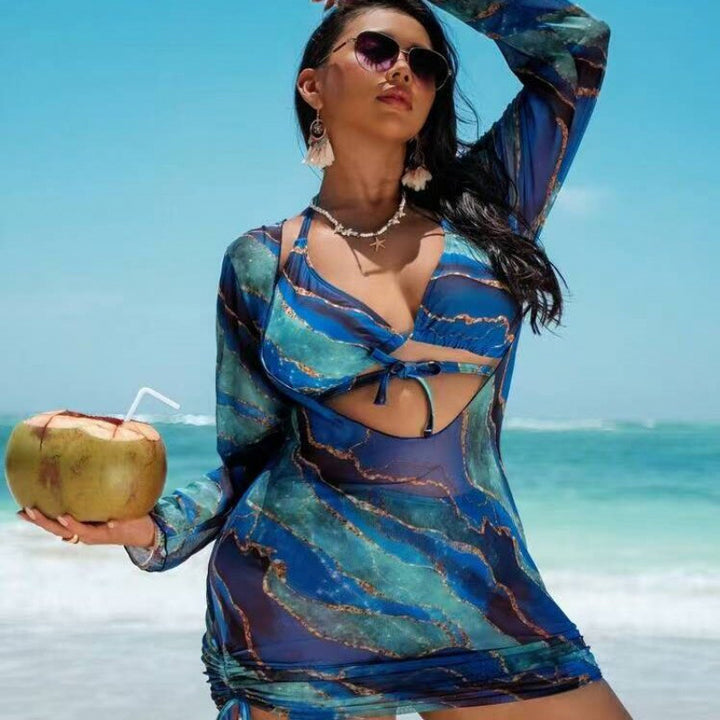 Damen Strandkleid mit transparenten Einsätzen und modischem Wickel-Design Drune