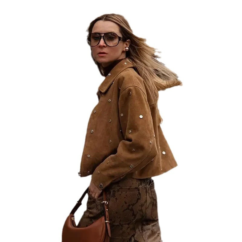 Damen modische Kurzjacke aus strukturiertem Material mit Perlenapplikationen Drune