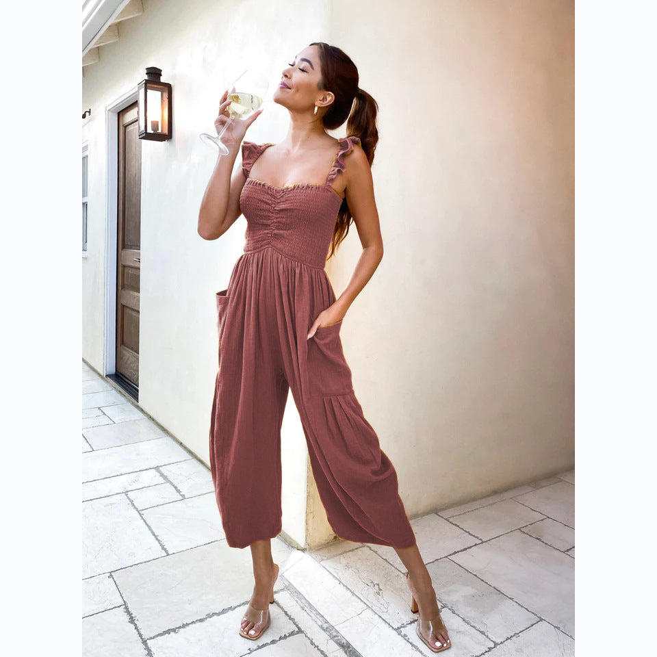 Damen Lässiger Jumpsuit mit frillenden Trägern und praktischen Taschen Drune