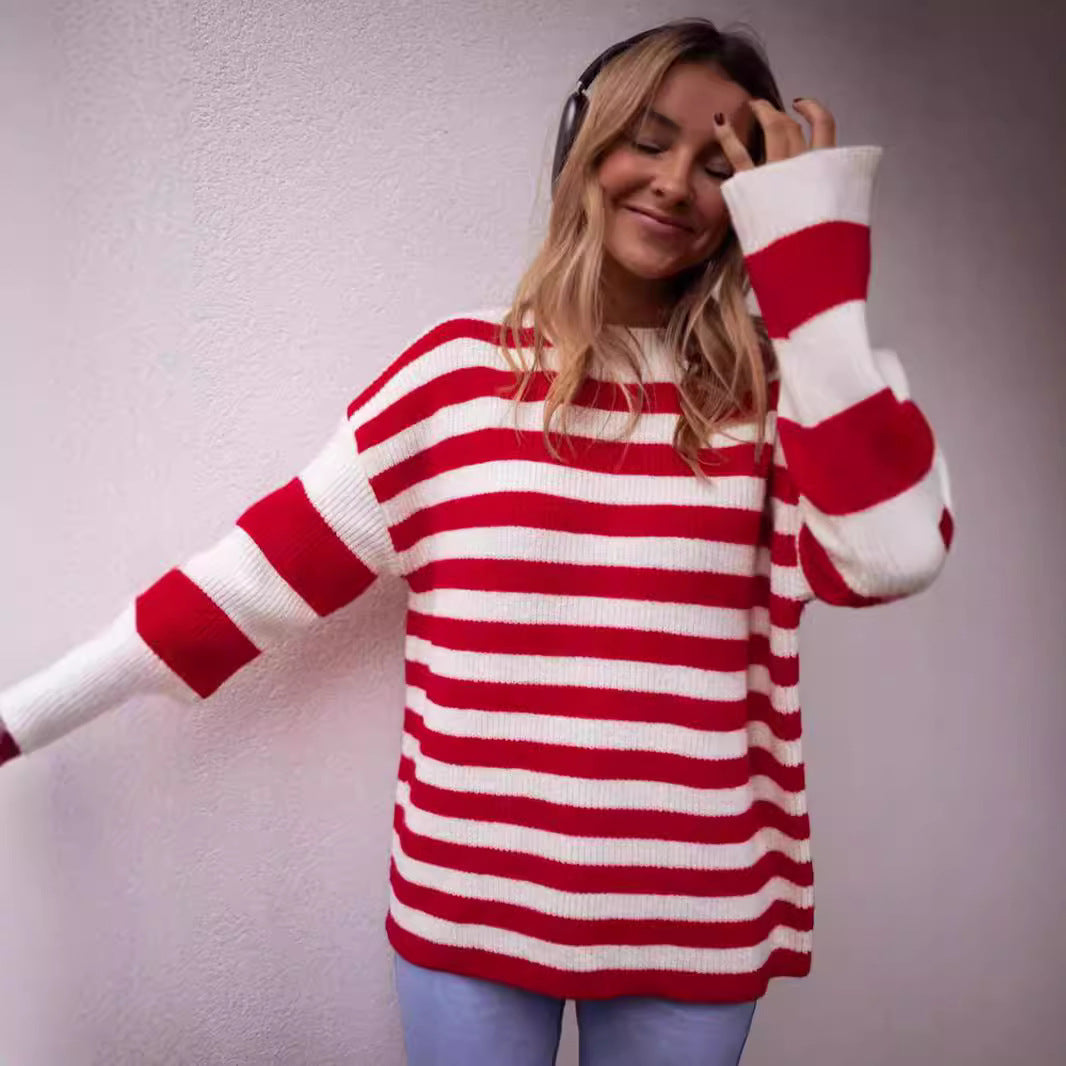 Damen lässiger Streifenpullover mit weitem Schnitt und gemütlichem Material Drune