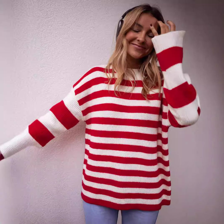 Damen modischer Grobstrickpullover mit auffälligem Streifenmuster Drune