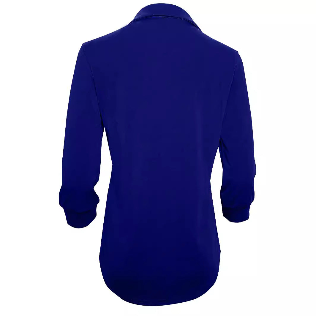 Damen Langarm Bluse mit elegantem V-Ausschnitt und dekorativen Falten Drune