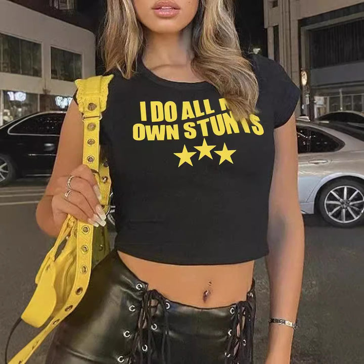 Damen Crop-Top mit kreativem Grafikdesign und modernem Schriftzug Drune