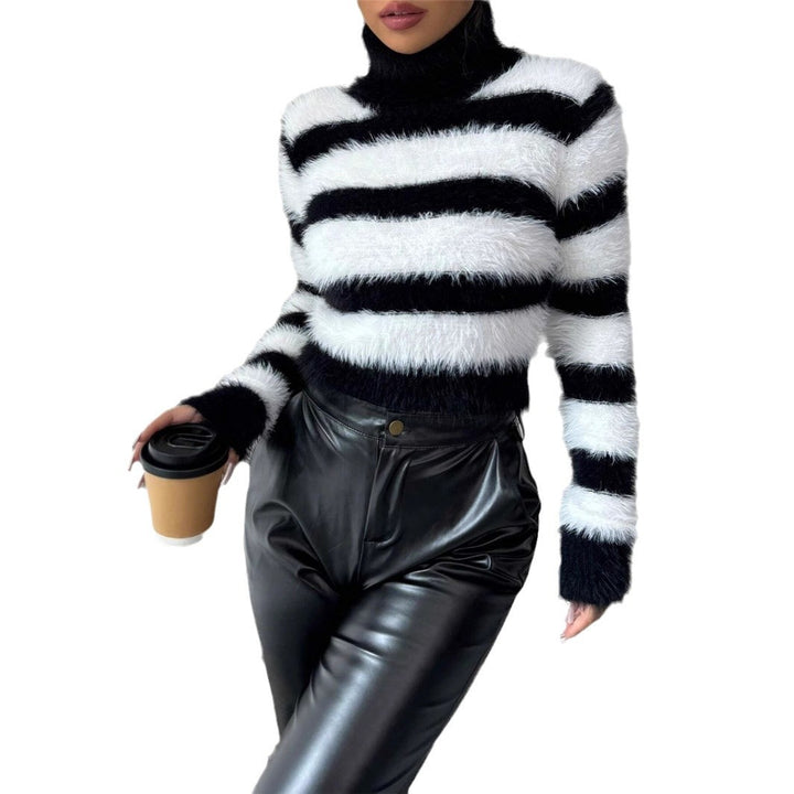 Damen modischer Strickpullover mit trendigem gestreiften Design und hohem Kragen Drune