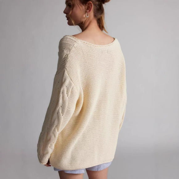 Damen Strickpullover mit innovativem Zopfmuster und weitem Ausschnitt Drune