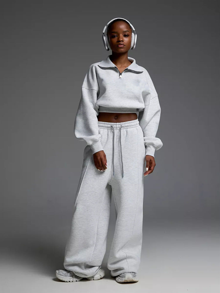 Damen nan kurzes Half-Zip Sweatshirt-Set mit hochtaillierter weiter Lounge-Jogginghose Drune