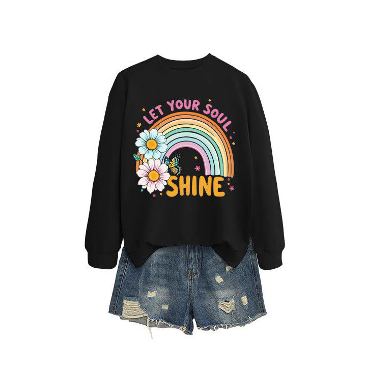 Damen Sweatshirt mit buntem Farbverlauf und floralem Grafikdesign Drune