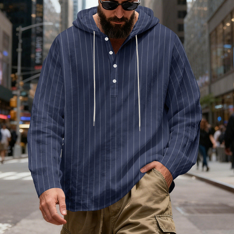 Herren nan gestreiftes Henley-Kapuzenhemd mit Langarm, lockerem Schnitt und Kordelzug Drune