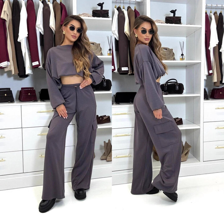 Damen lässiges Set mit cropped Oberteil und weiten Jogginghosen Drune