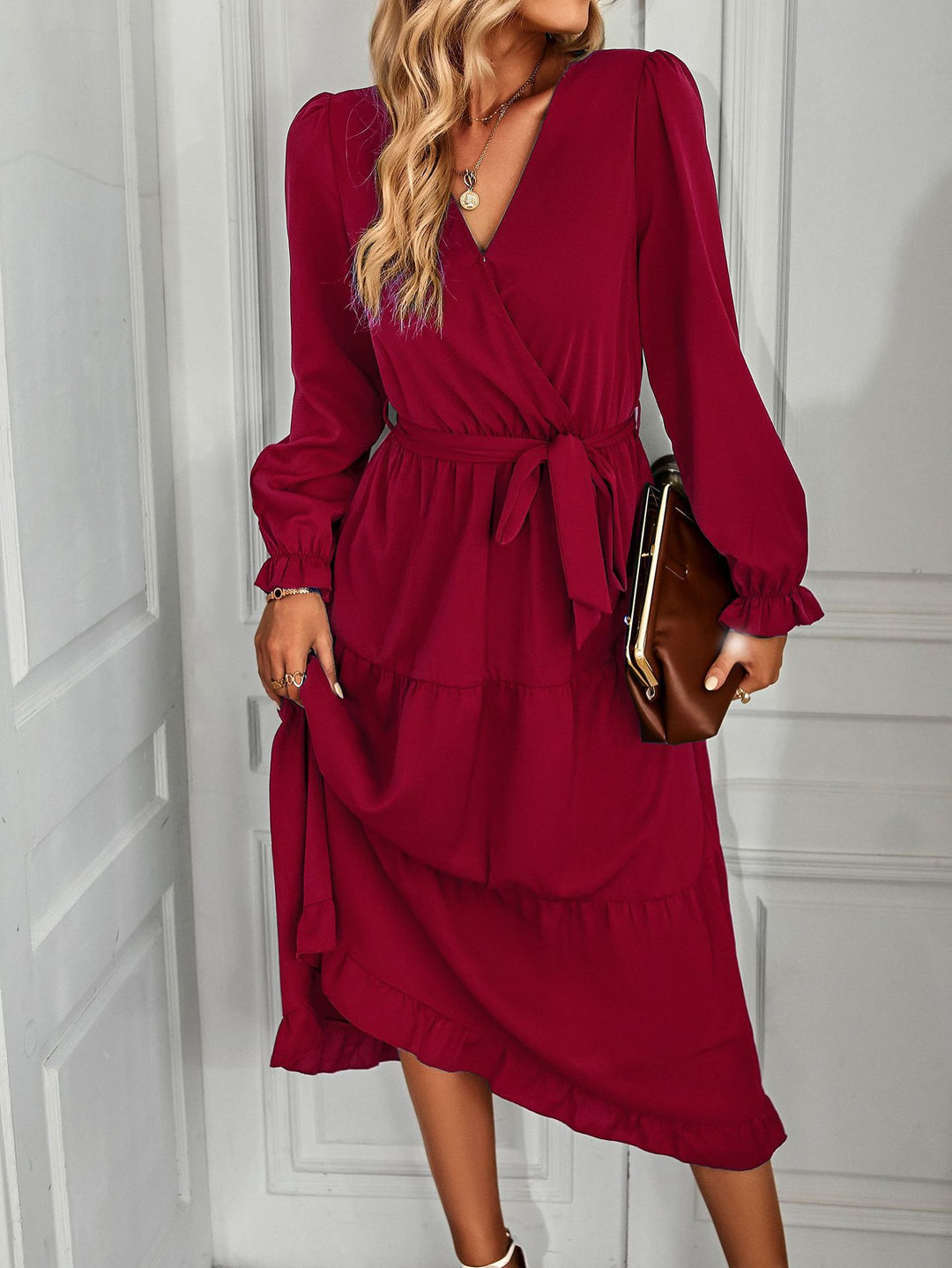 Damen Wickelkleid mit Rüschendetails und eleganten Puffärmeln Drune