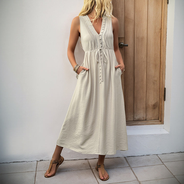 Damen Langarm-Wickelkleid mit dekorativen Knöpfen und elastischem Taillenzug Drune
