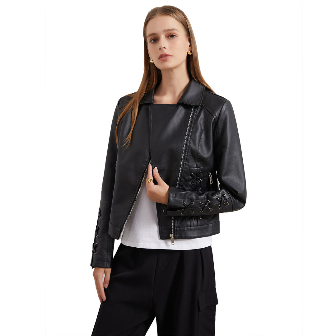 Damen modische Kunstlederjacke mit raffinierten Schnürdetails Drune