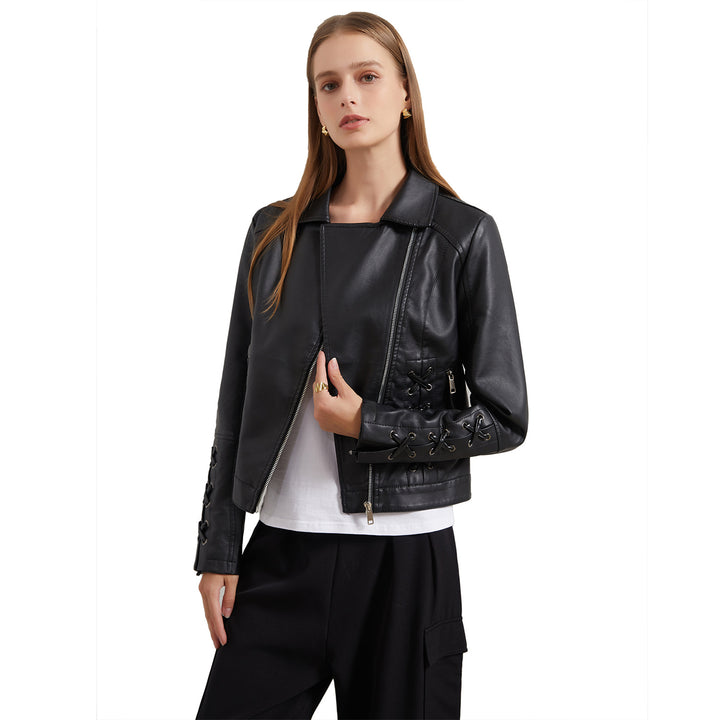 Damen modische Kunstlederjacke mit raffinierten Schnürdetails Drune