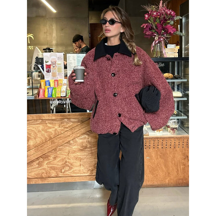 Damen Oversize Strickjacke mit hohem Kragen und Knopfdetails Drune