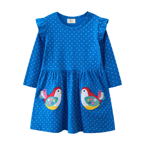 Mädchen Baumwollkleid mit verspielten Vogelapplikationen Drune