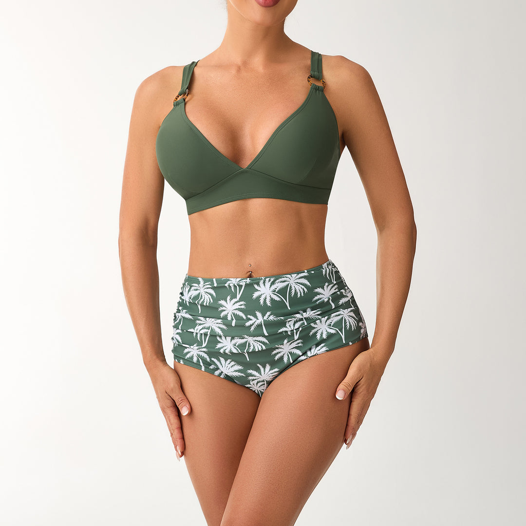 Damen Hochtailliertes Bikini-Set mit verstellbaren Trägern und stilvollem Palmendruck Drune