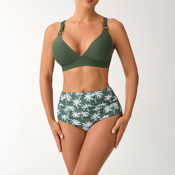 Damen Hochtailliertes Bikini-Set mit verstellbaren Trägern und stilvollem Palmendruck Drune