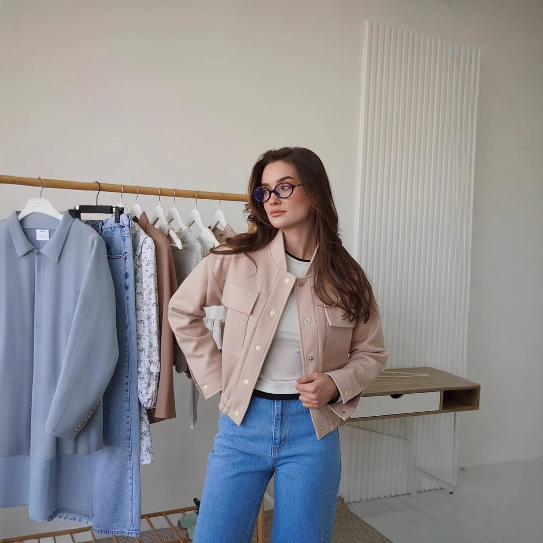 Damen modische Kurzjacke mit praktischen Taschen und coolem Kragen Drune