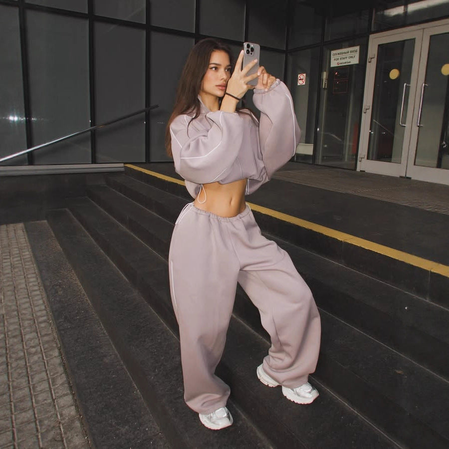 Damen sportliches Oversized Hoodie-Set mit hochschließendem Kragen und Gummizug Drune
