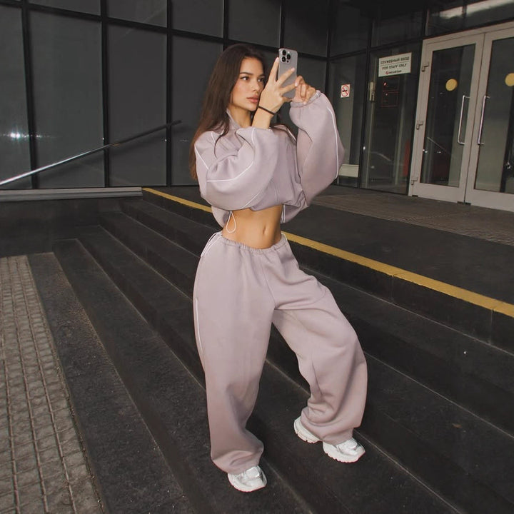 Damen sportliches Oversized Hoodie-Set mit hochschließendem Kragen und Gummizug Drune