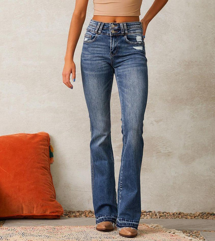 Damen Flared Jeans mit hohem Bund und modischem Destroyed-Effekt Drune