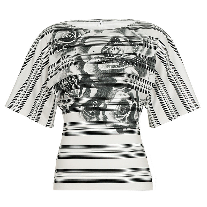 Damen Oversized T-Shirt mit floralem Streifenmuster und eleganter Passform Drune