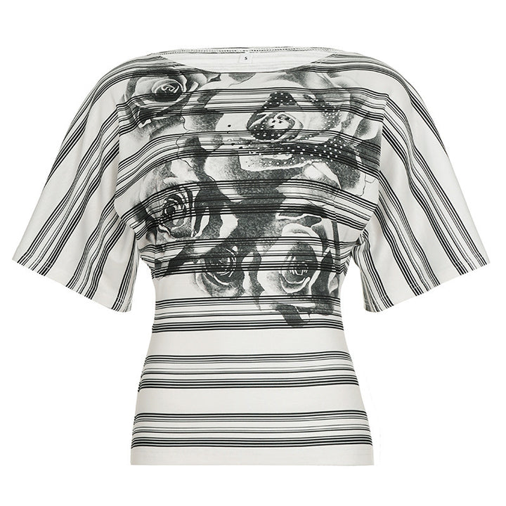 Damen Oversized T-Shirt mit floralem Streifenmuster und eleganter Passform Drune