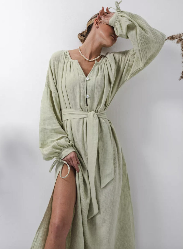 Damen elegantes Maxikleid mit Taillengürtel und Ballonärmeln Drune