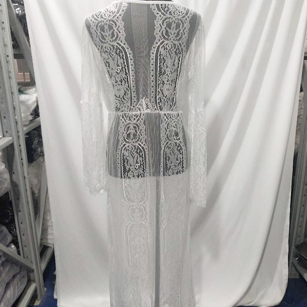 Damen langer Spitzenkimono mit weitem Ärmel und Bindegürtel Drune