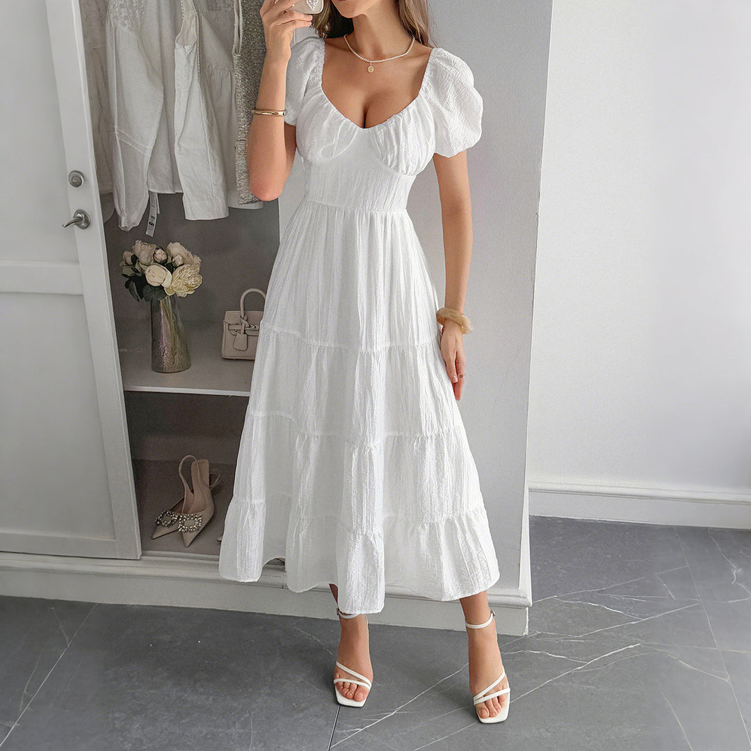Damen Boho Maxikleid mit Puffärmeln undlagenanpassbarem Schnitt Drune