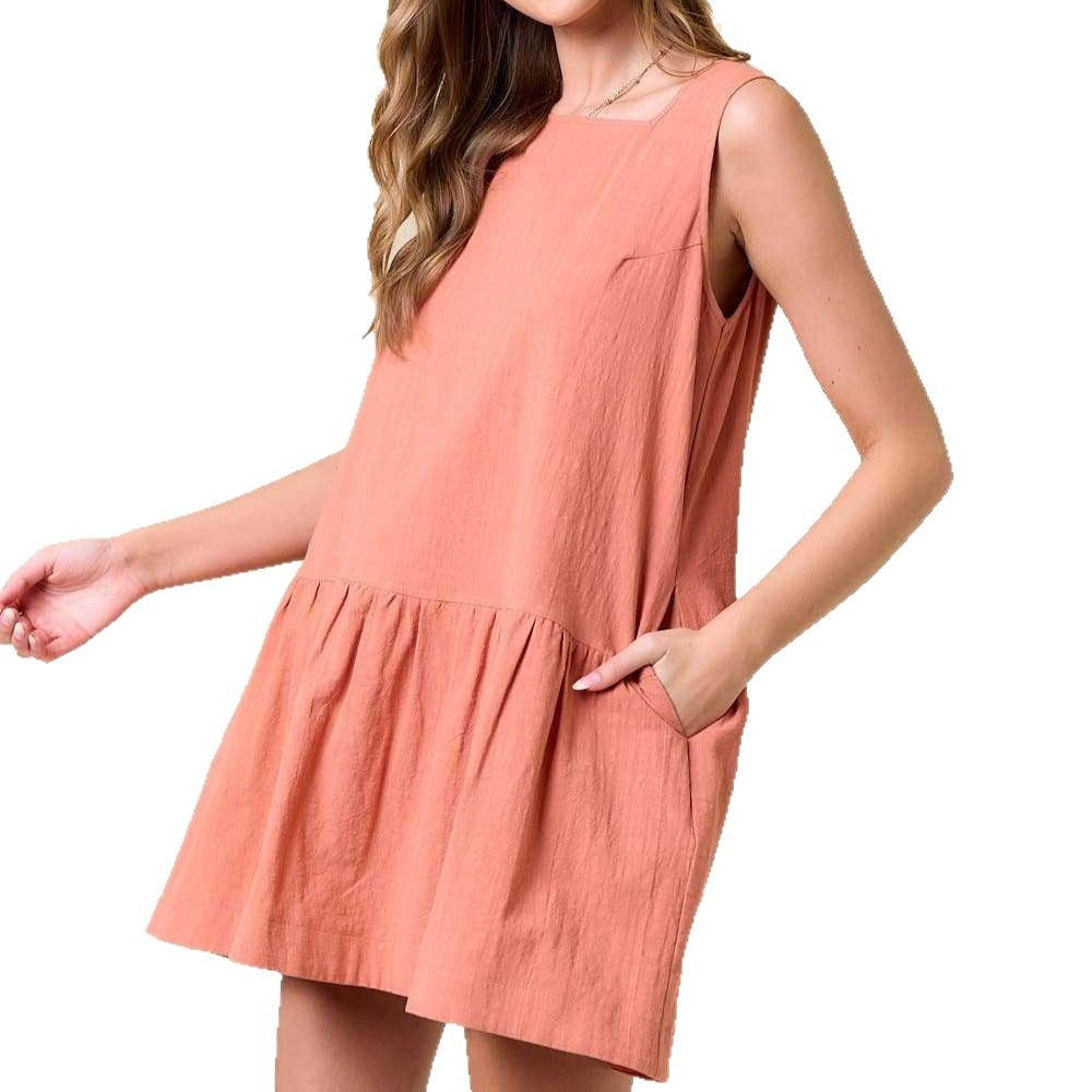 Damen luftiges Baumwollkleid mit runder Halslinie und voluminösem Rock Drune