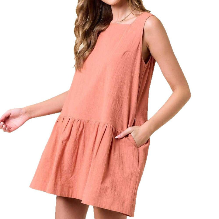 Damen luftiges Baumwollkleid mit runder Halslinie und voluminösem Rock Drune