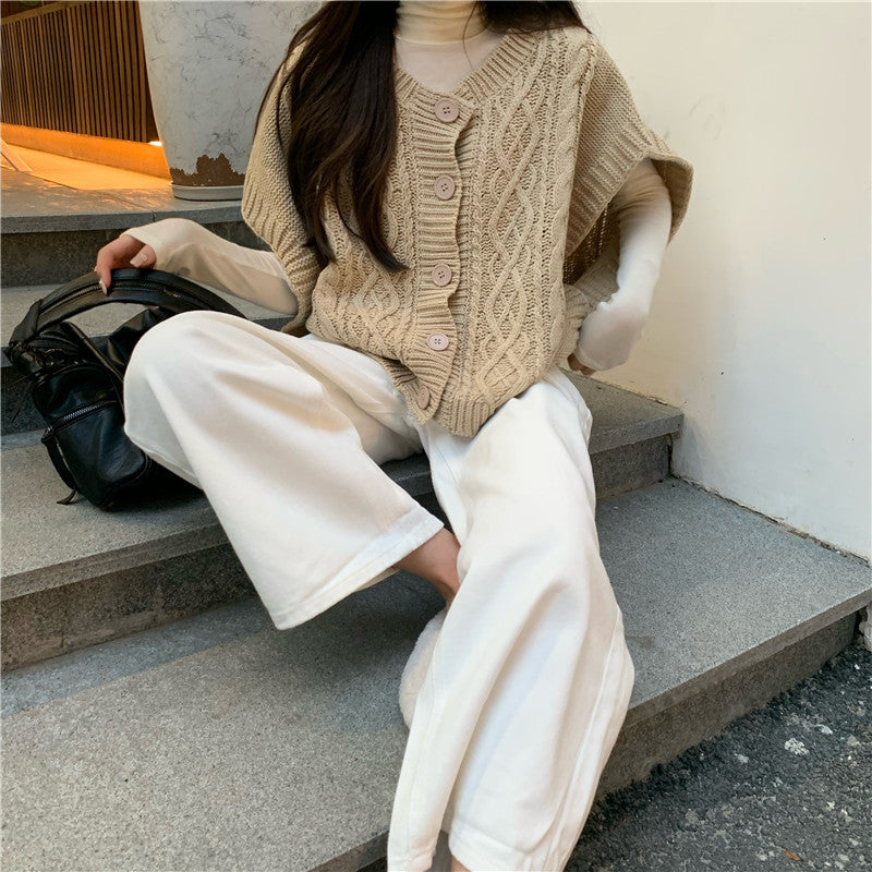 Damen Strickpullover mit Knopfleiste und Zopfmuster Drune