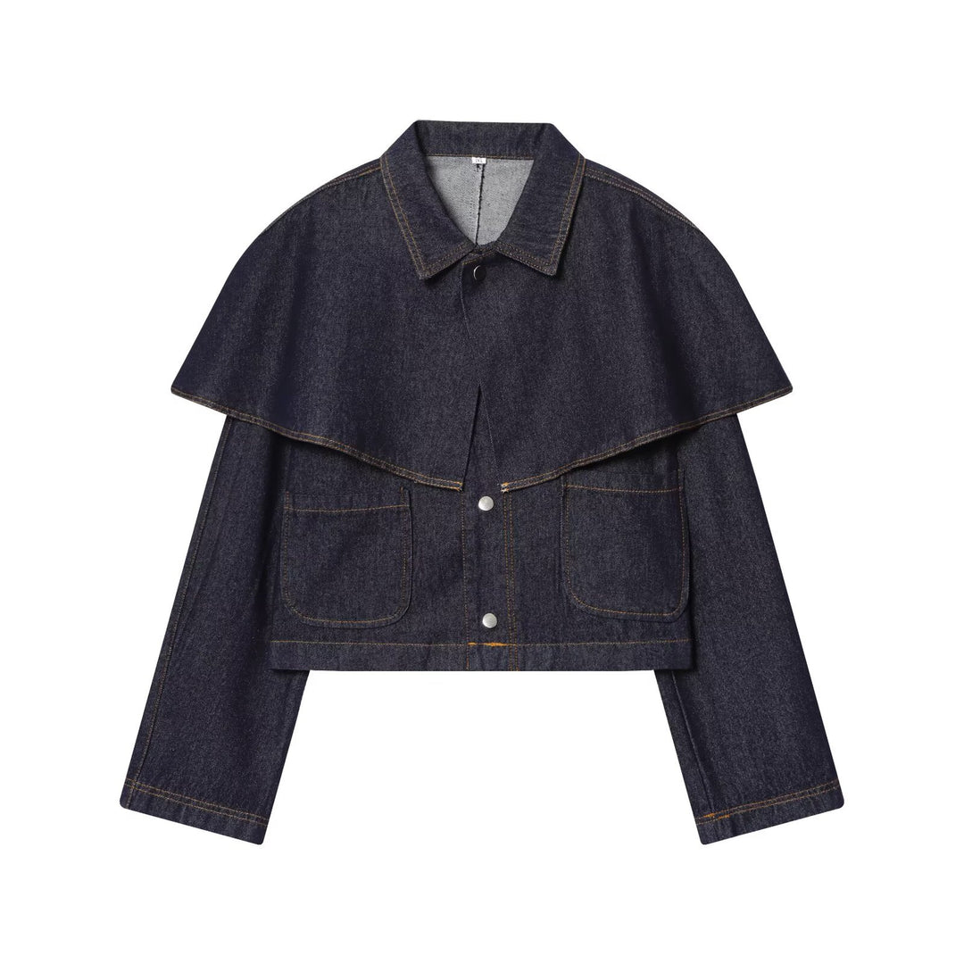 Damen nan cropped Jeansjacke mit Cape-Überwurf, Druckknopfverschluss und aufgesetzten Taschen Drune