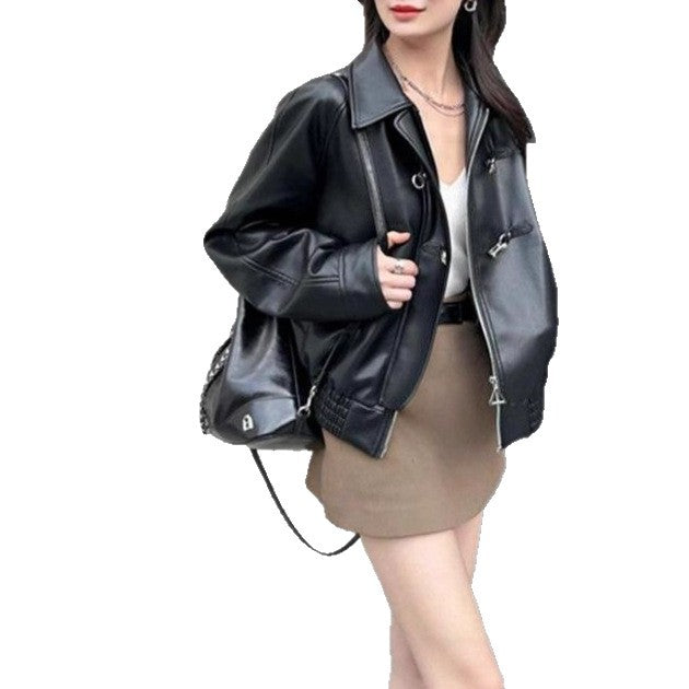 Damen trendige Kunstlederjacke mit klassischem Revers Drune