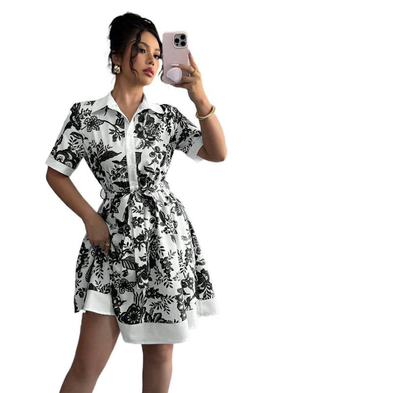 Damen Hemdblusenkleid mit floralem Muster und Taillengürtel Drune