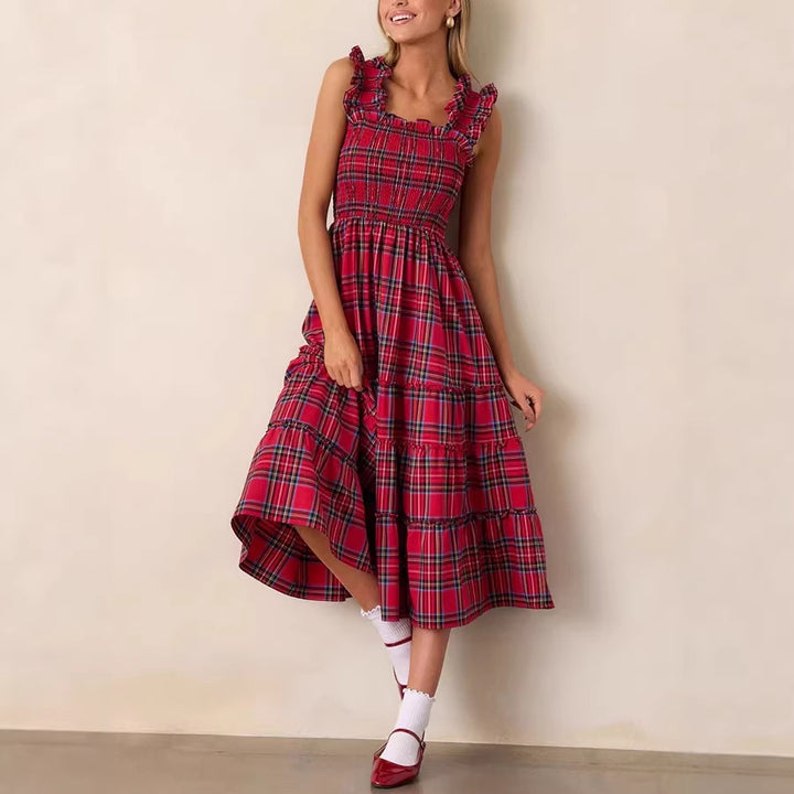 Damen Maxikleid mit voluminösen Rüschendetails und klassischen Karo-Muster Drune