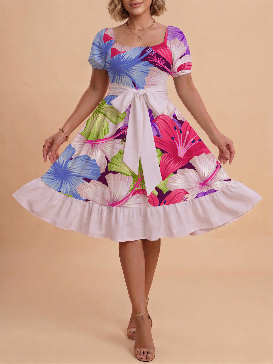 Damen modernes Blumenkleid mit elegantem Taillengürtel und asymmetrischem Saum Drune