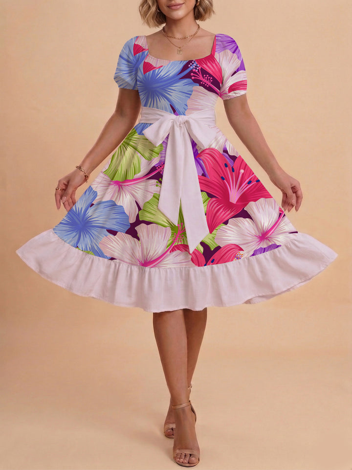 Damen modernes Blumenkleid mit elegantem Taillengürtel und asymmetrischem Saum Drune