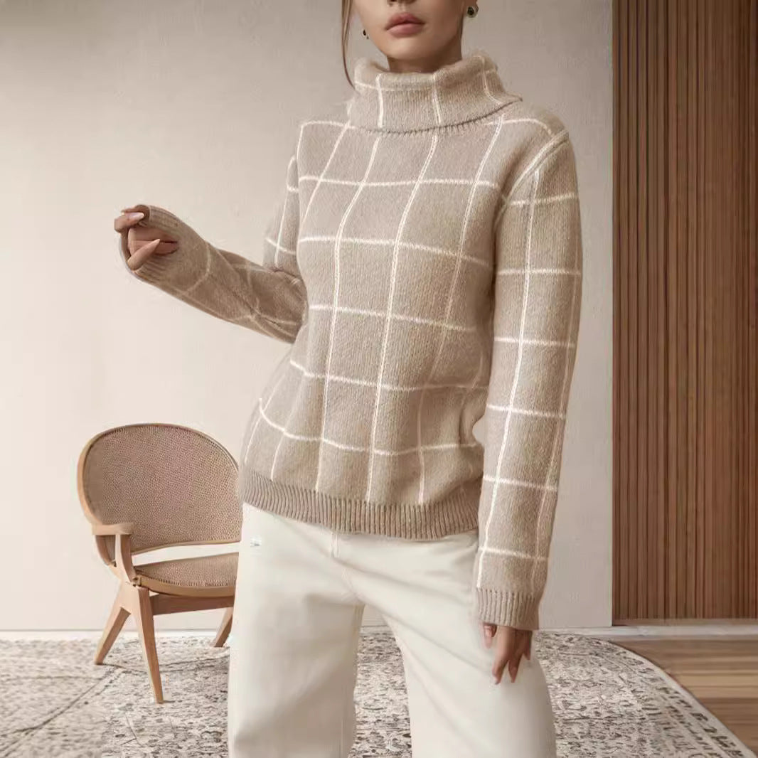 Damen lässiger Grobstrickpullover mit modernem Karomuster und hoher Kragen Drune